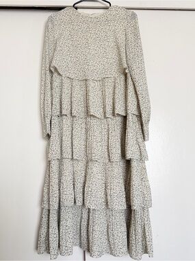 Cream Floral Tiered Midi Dress with Long Sleeves
